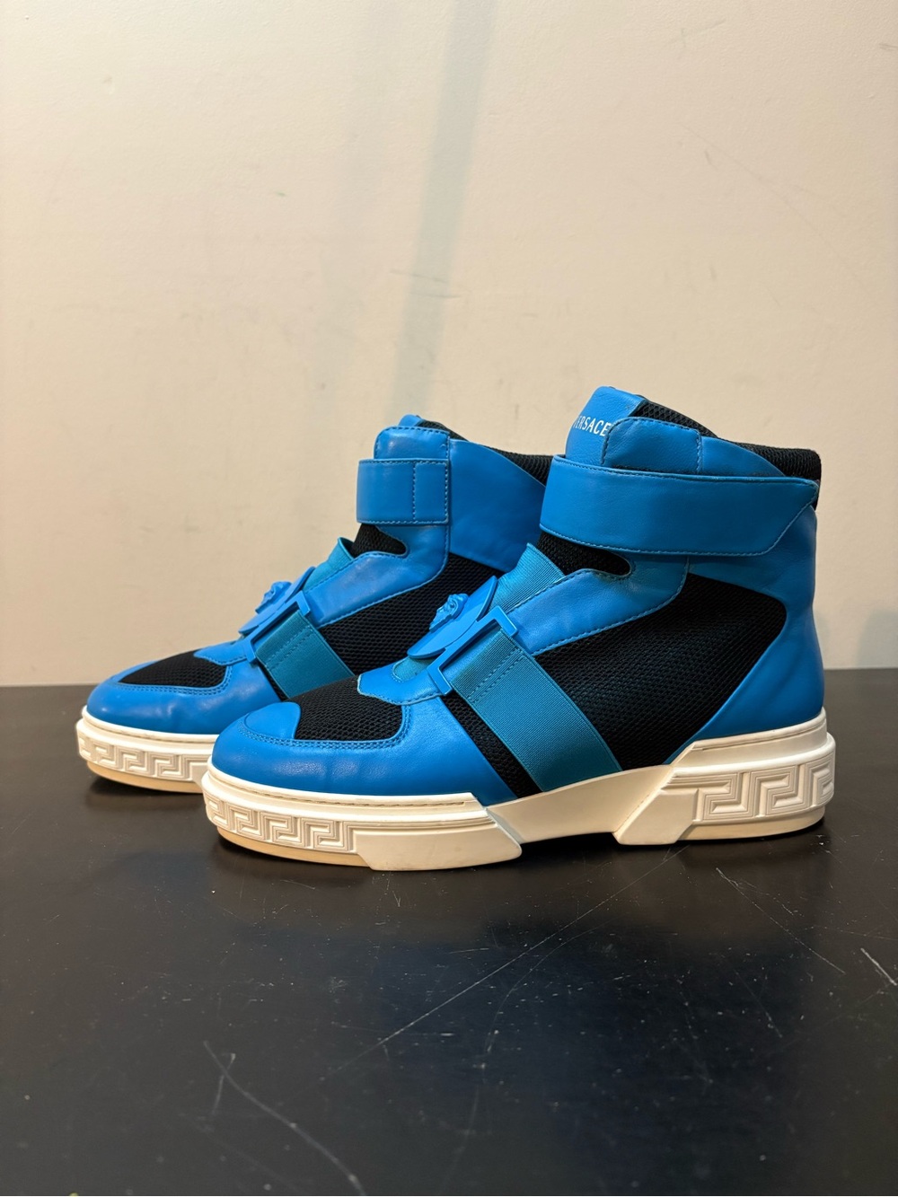 Versace Medusa Leather High Top Sneakers Blue Black